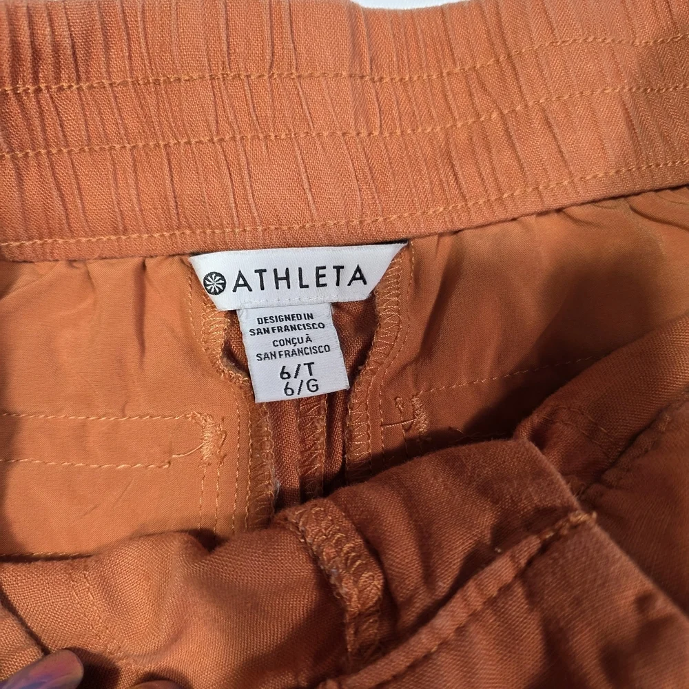 Athleta 100% Linen Pants Women Size 6 Orange Elastic Waist Lightweight Summer - Picture 6 of 10